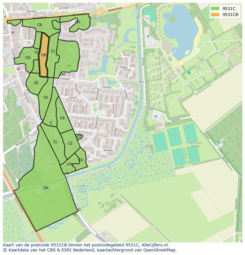 Afbeelding van het postcodegebied 9531 CB op de kaart.