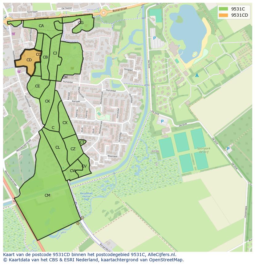 Afbeelding van het postcodegebied 9531 CD op de kaart.