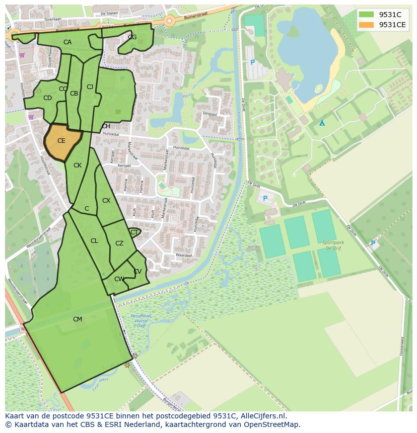 Afbeelding van het postcodegebied 9531 CE op de kaart.