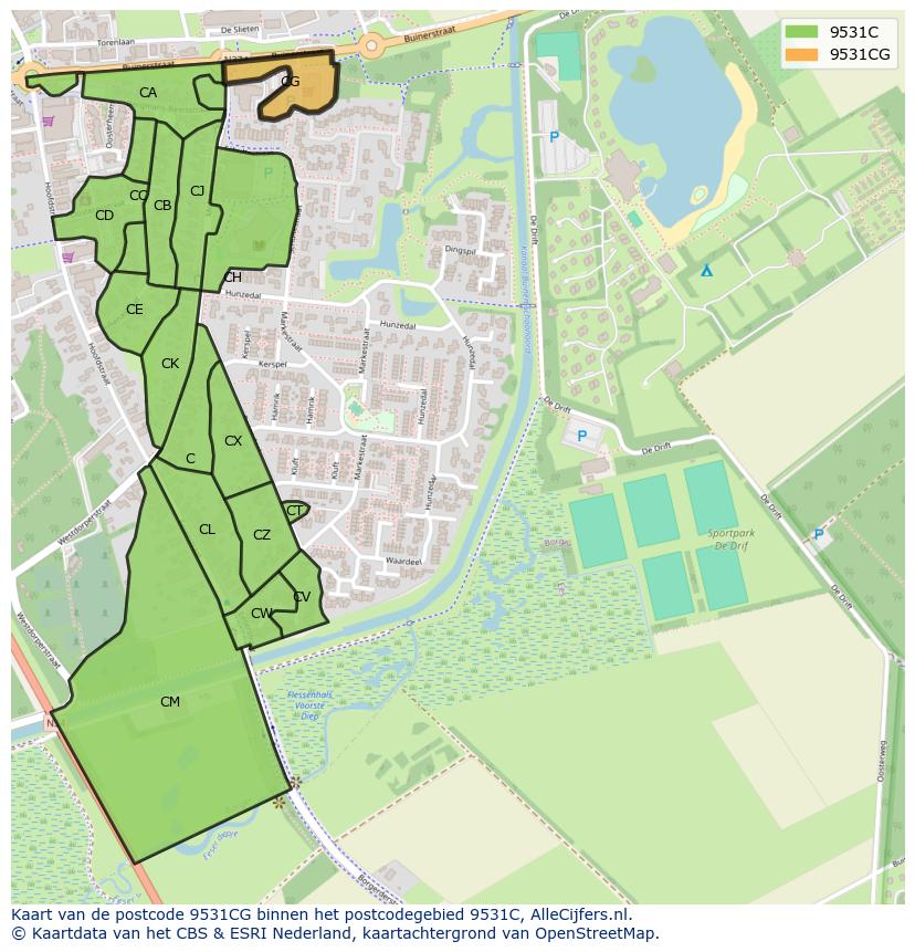 Afbeelding van het postcodegebied 9531 CG op de kaart.
