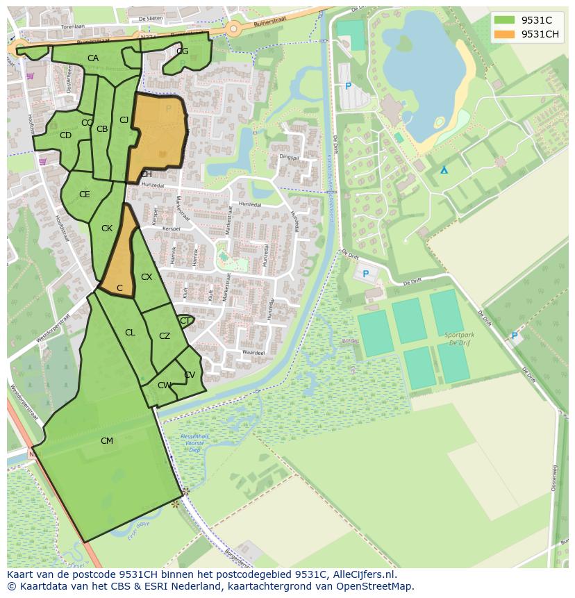 Afbeelding van het postcodegebied 9531 CH op de kaart.
