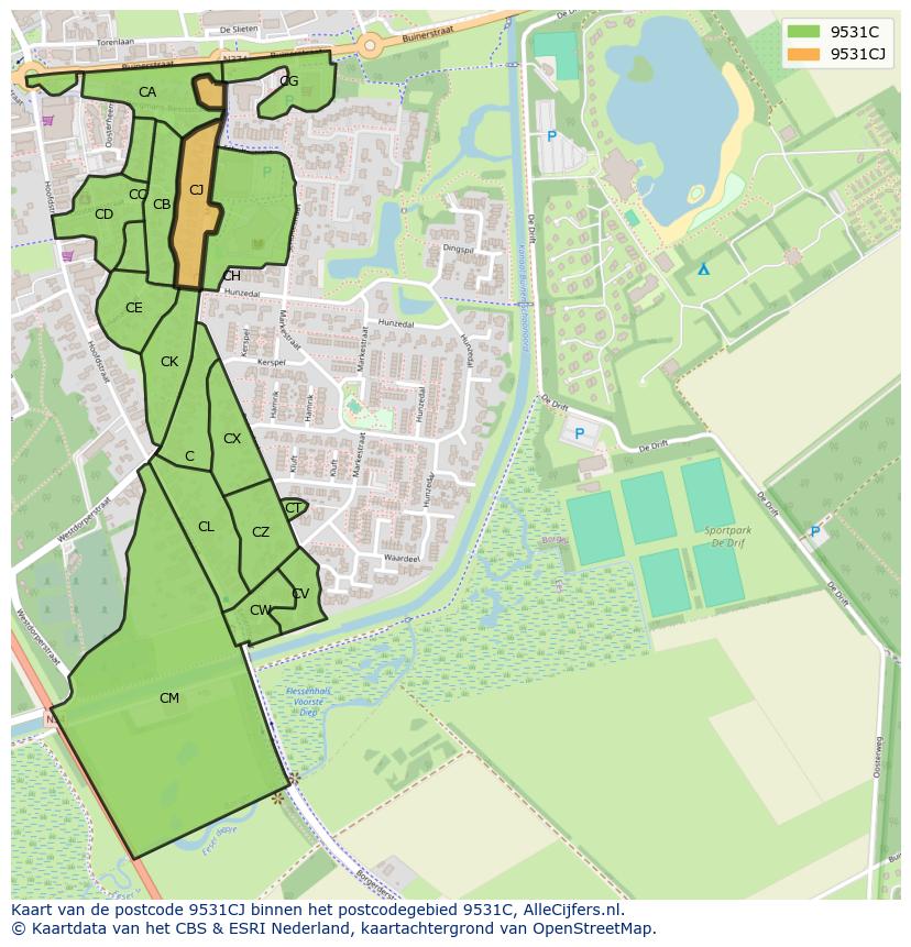 Afbeelding van het postcodegebied 9531 CJ op de kaart.