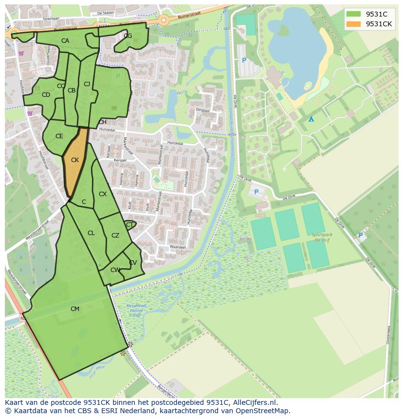Afbeelding van het postcodegebied 9531 CK op de kaart.