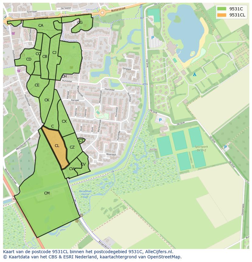 Afbeelding van het postcodegebied 9531 CL op de kaart.
