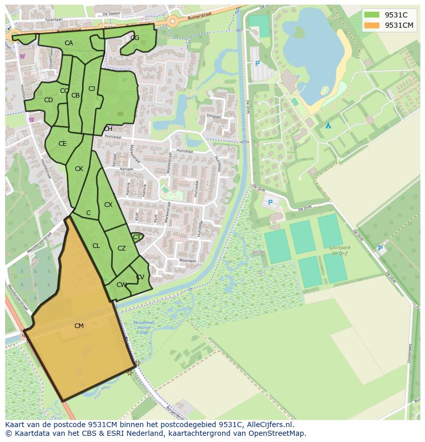 Afbeelding van het postcodegebied 9531 CM op de kaart.