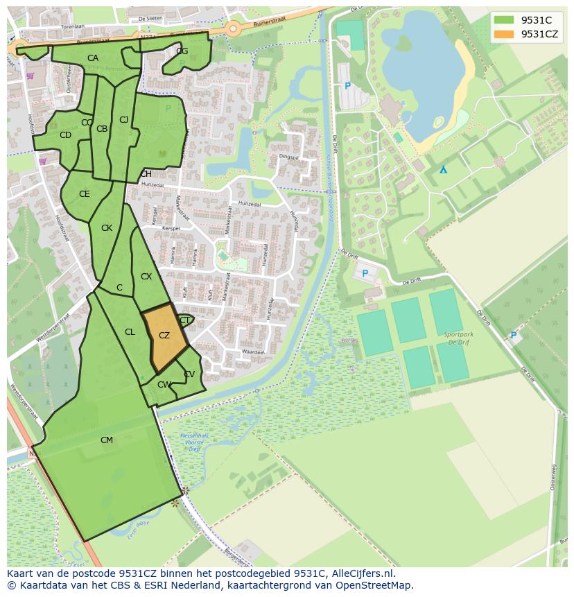 Afbeelding van het postcodegebied 9531 CZ op de kaart.