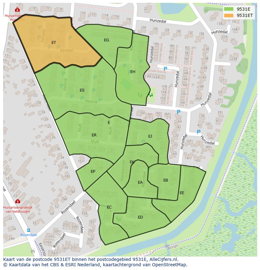 Afbeelding van het postcodegebied 9531 ET op de kaart.