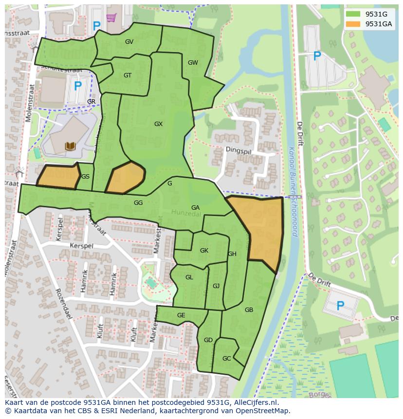 Afbeelding van het postcodegebied 9531 GA op de kaart.