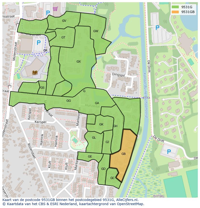 Afbeelding van het postcodegebied 9531 GB op de kaart.