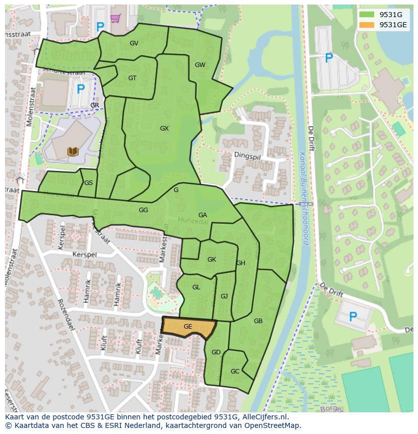 Afbeelding van het postcodegebied 9531 GE op de kaart.