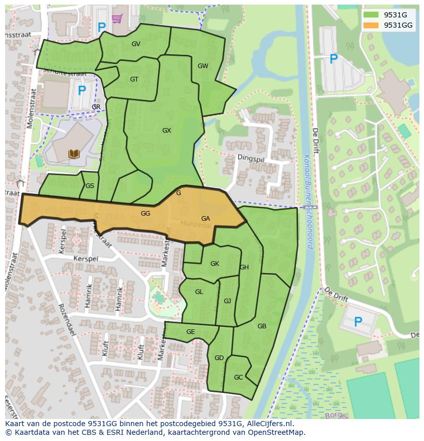 Afbeelding van het postcodegebied 9531 GG op de kaart.
