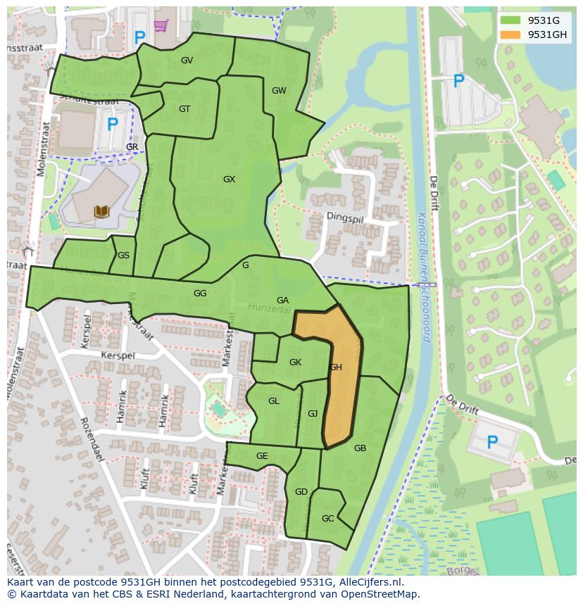 Afbeelding van het postcodegebied 9531 GH op de kaart.