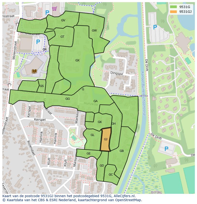 Afbeelding van het postcodegebied 9531 GJ op de kaart.