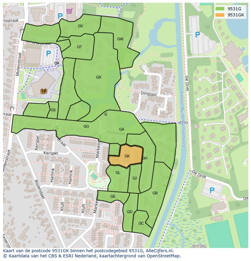 Afbeelding van het postcodegebied 9531 GK op de kaart.