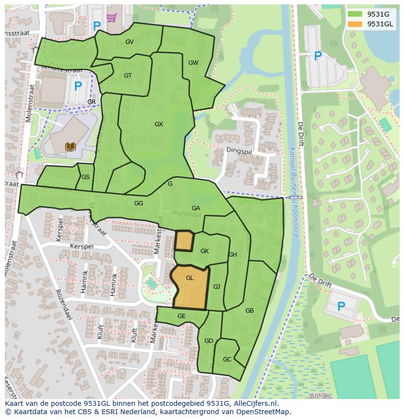 Afbeelding van het postcodegebied 9531 GL op de kaart.