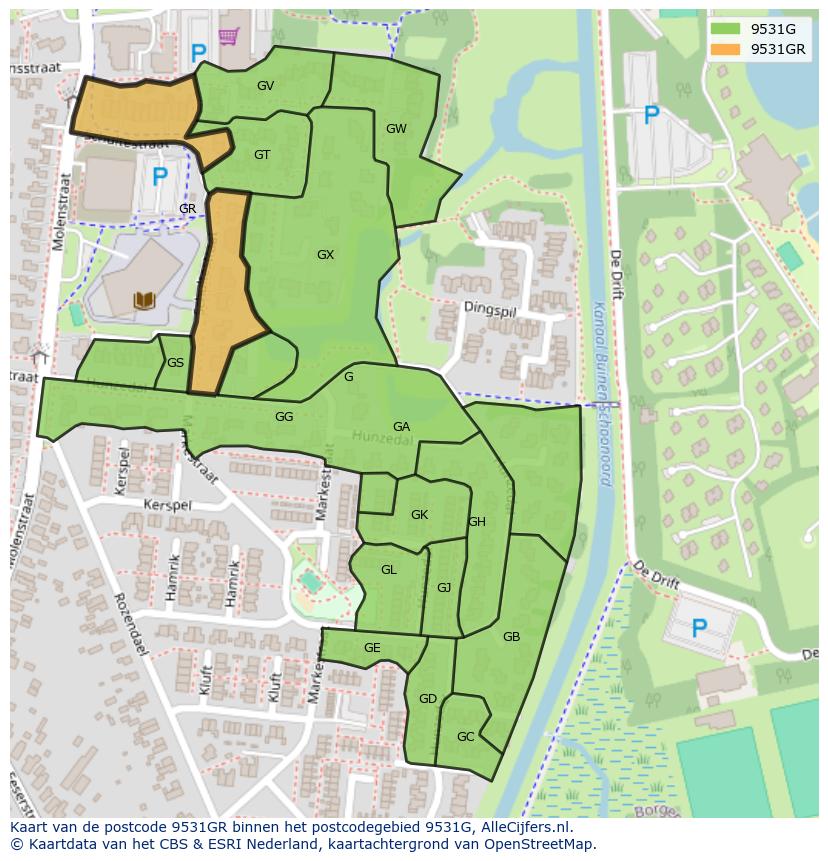 Afbeelding van het postcodegebied 9531 GR op de kaart.