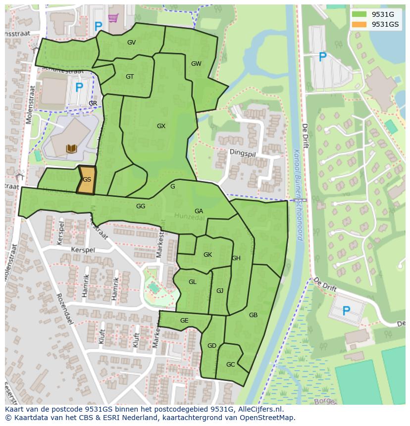 Afbeelding van het postcodegebied 9531 GS op de kaart.