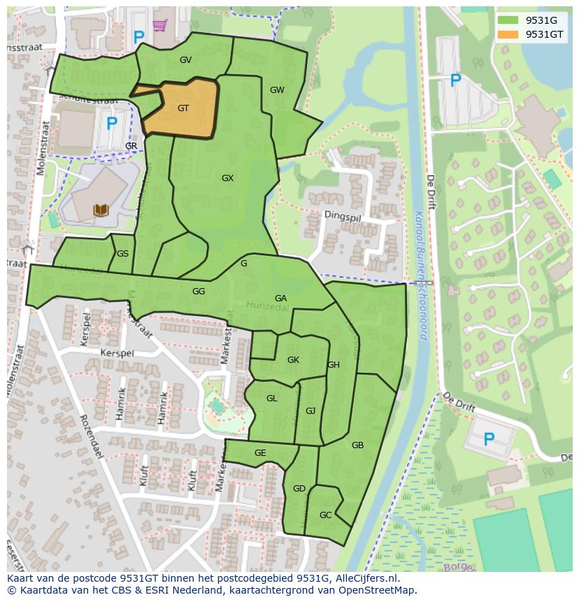 Afbeelding van het postcodegebied 9531 GT op de kaart.