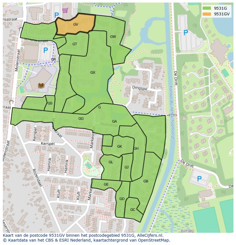 Afbeelding van het postcodegebied 9531 GV op de kaart.