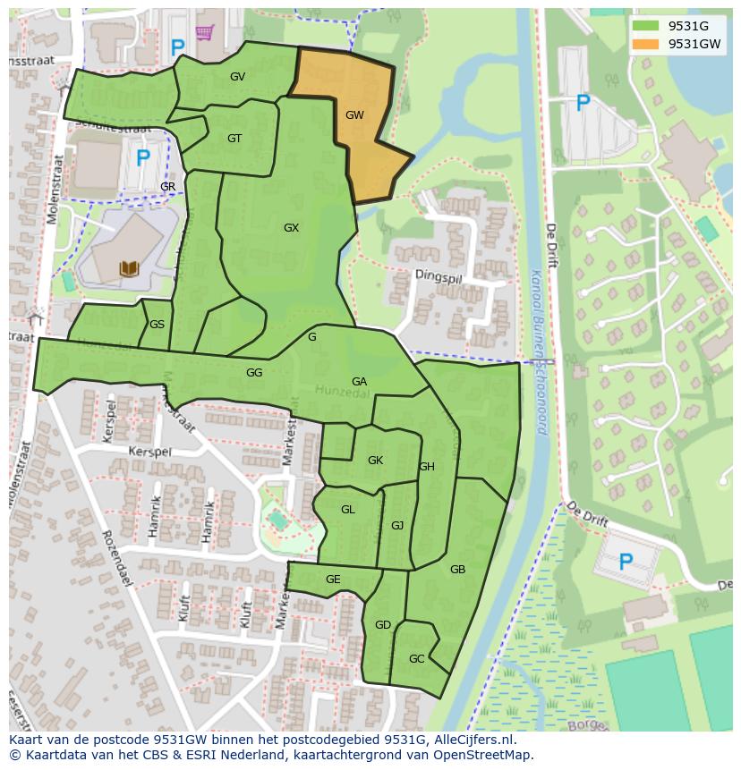 Afbeelding van het postcodegebied 9531 GW op de kaart.