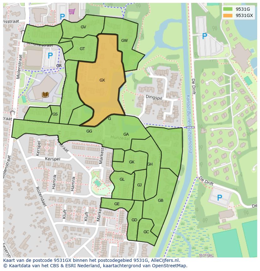 Afbeelding van het postcodegebied 9531 GX op de kaart.