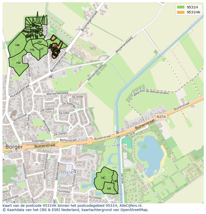 Afbeelding van het postcodegebied 9531 HK op de kaart.