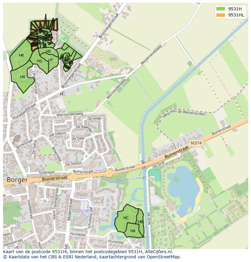 Afbeelding van het postcodegebied 9531 HL op de kaart.