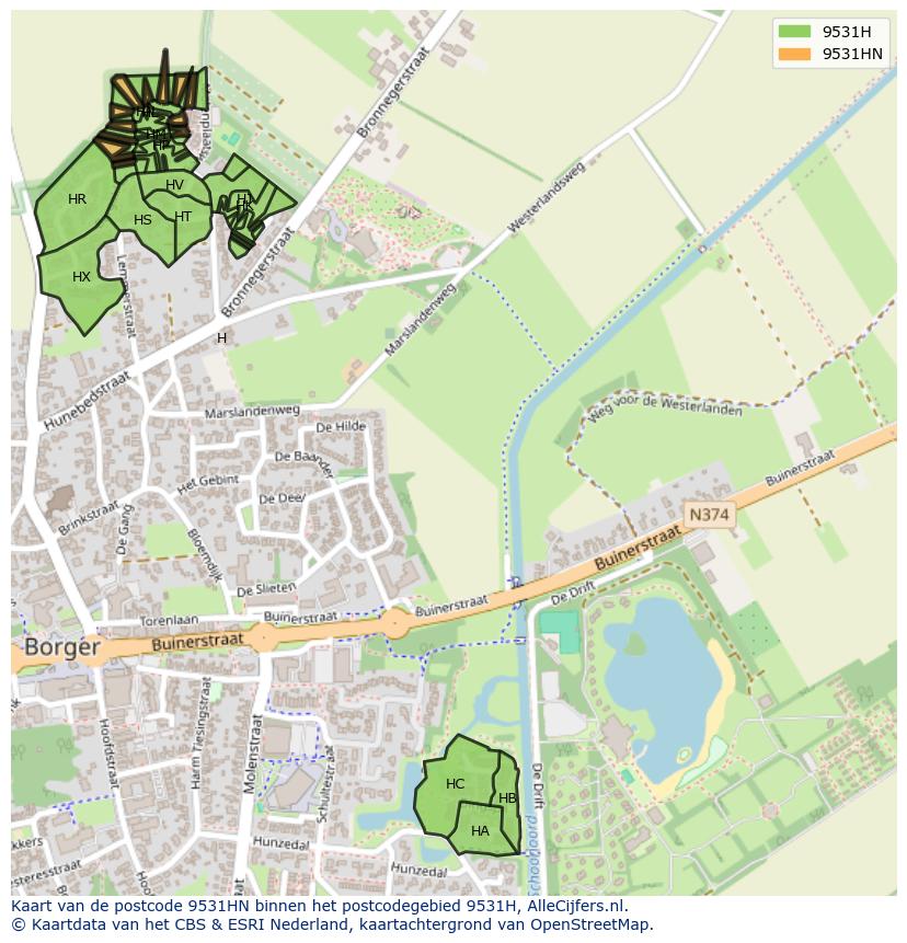 Afbeelding van het postcodegebied 9531 HN op de kaart.