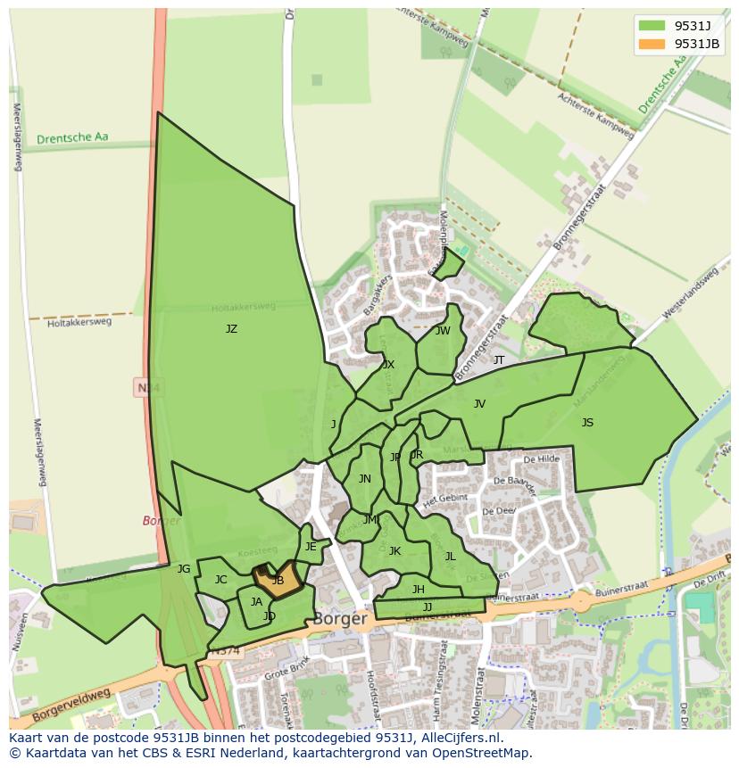 Afbeelding van het postcodegebied 9531 JB op de kaart.
