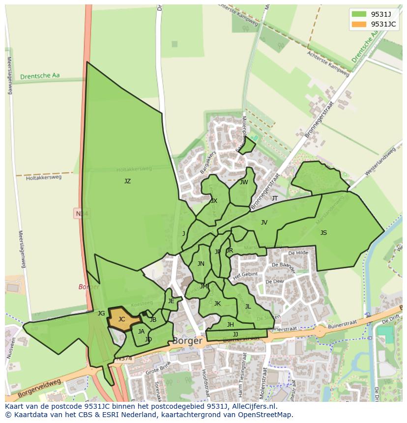 Afbeelding van het postcodegebied 9531 JC op de kaart.