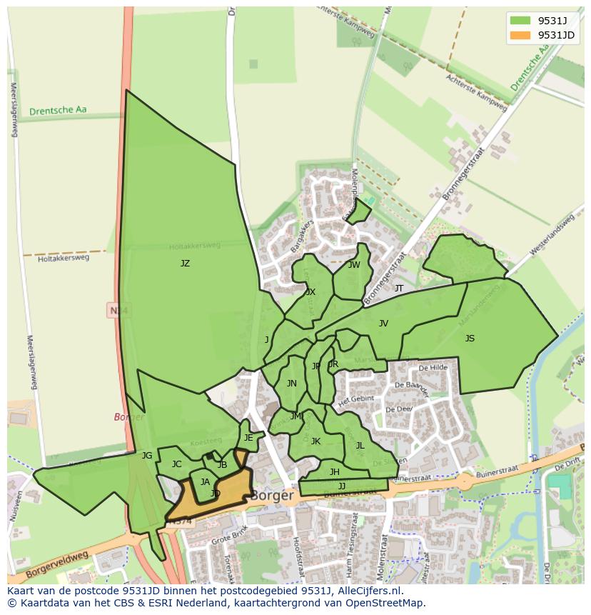 Afbeelding van het postcodegebied 9531 JD op de kaart.