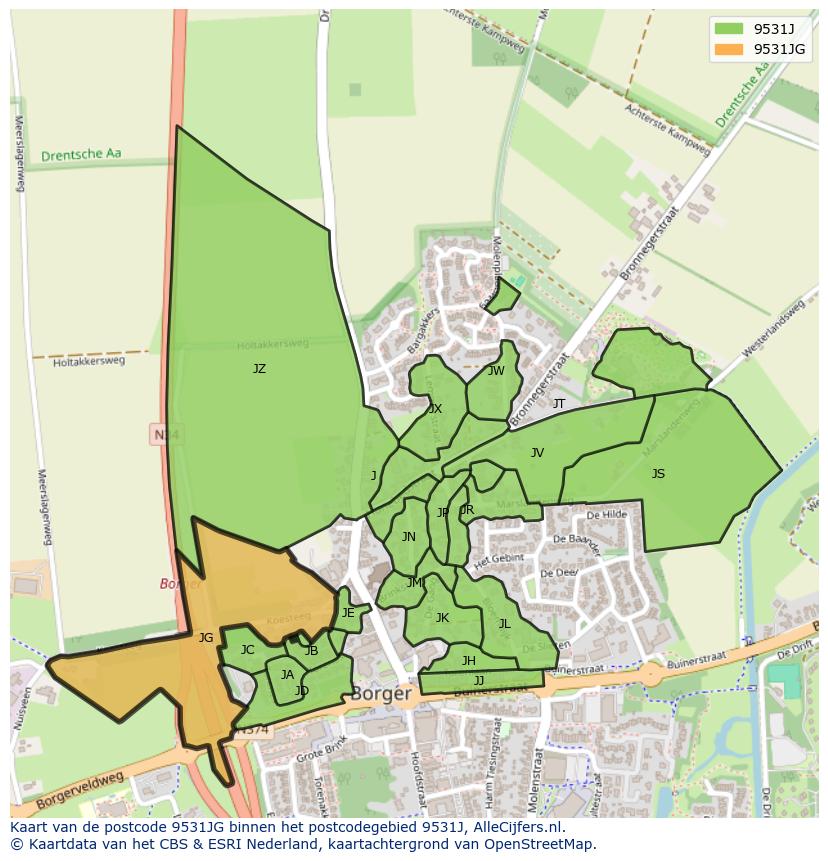 Afbeelding van het postcodegebied 9531 JG op de kaart.