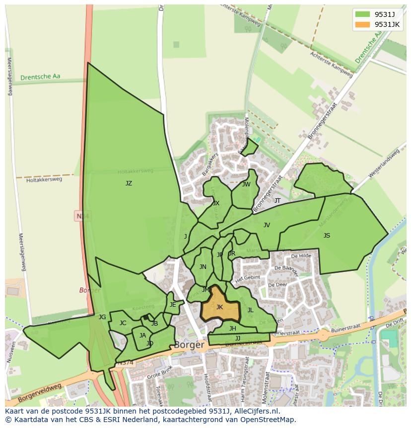Afbeelding van het postcodegebied 9531 JK op de kaart.