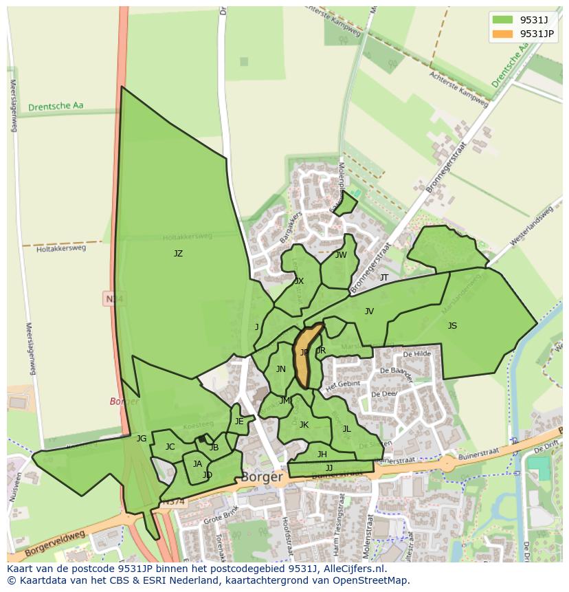 Afbeelding van het postcodegebied 9531 JP op de kaart.