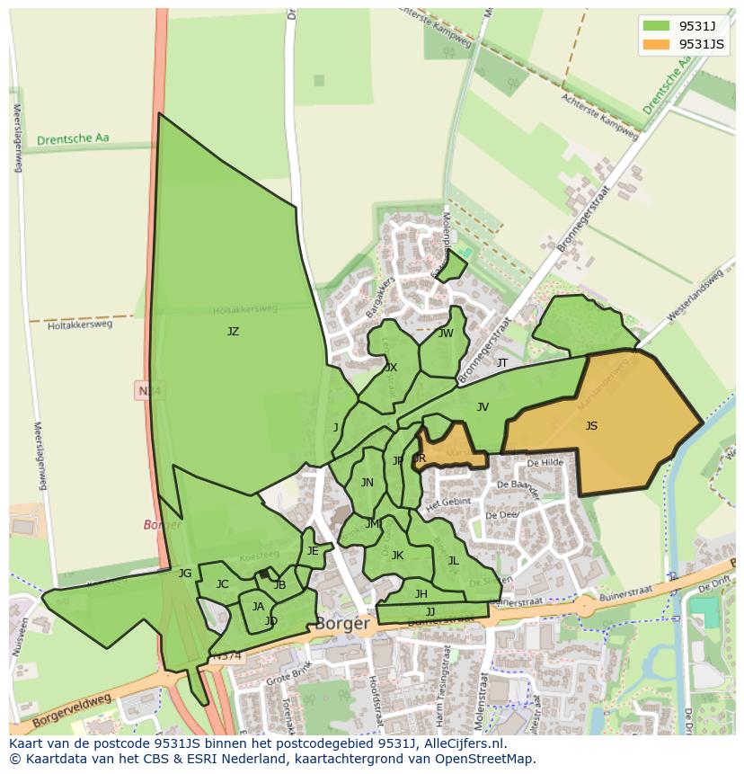 Afbeelding van het postcodegebied 9531 JS op de kaart.