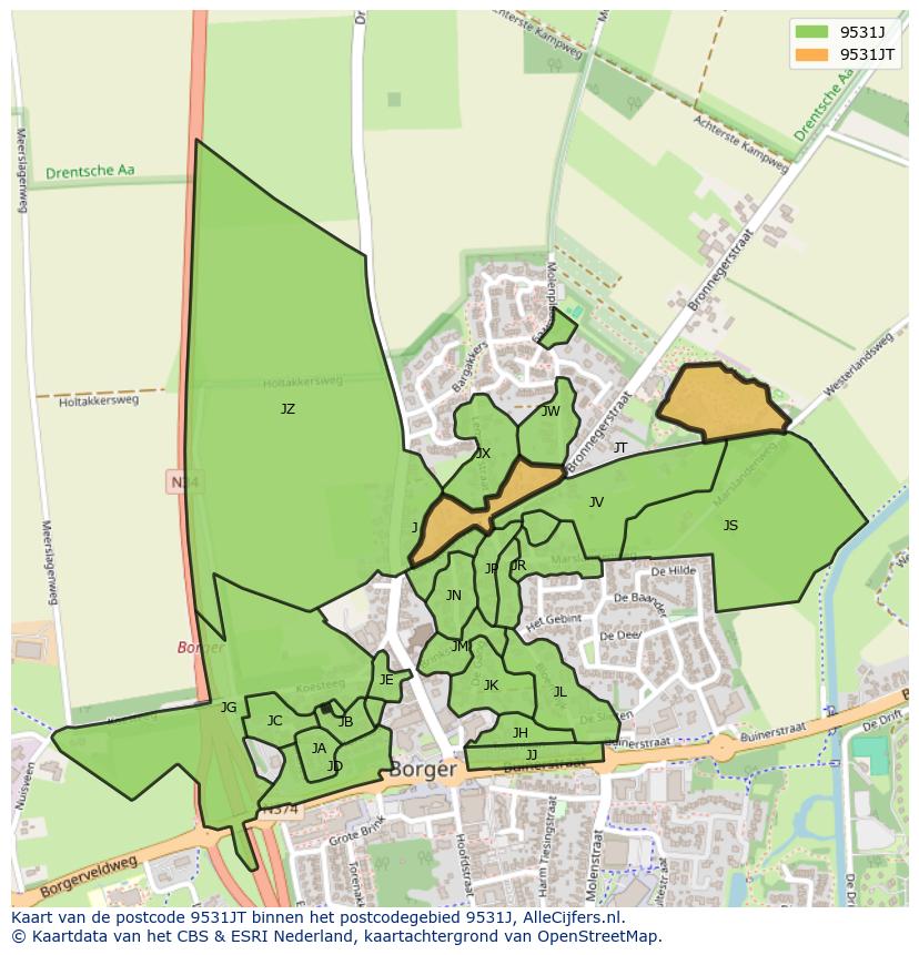 Afbeelding van het postcodegebied 9531 JT op de kaart.