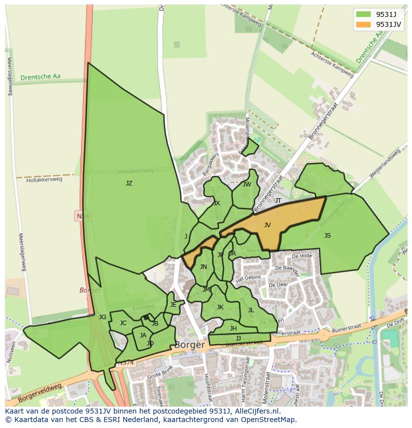 Afbeelding van het postcodegebied 9531 JV op de kaart.