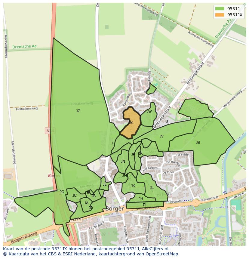 Afbeelding van het postcodegebied 9531 JX op de kaart.