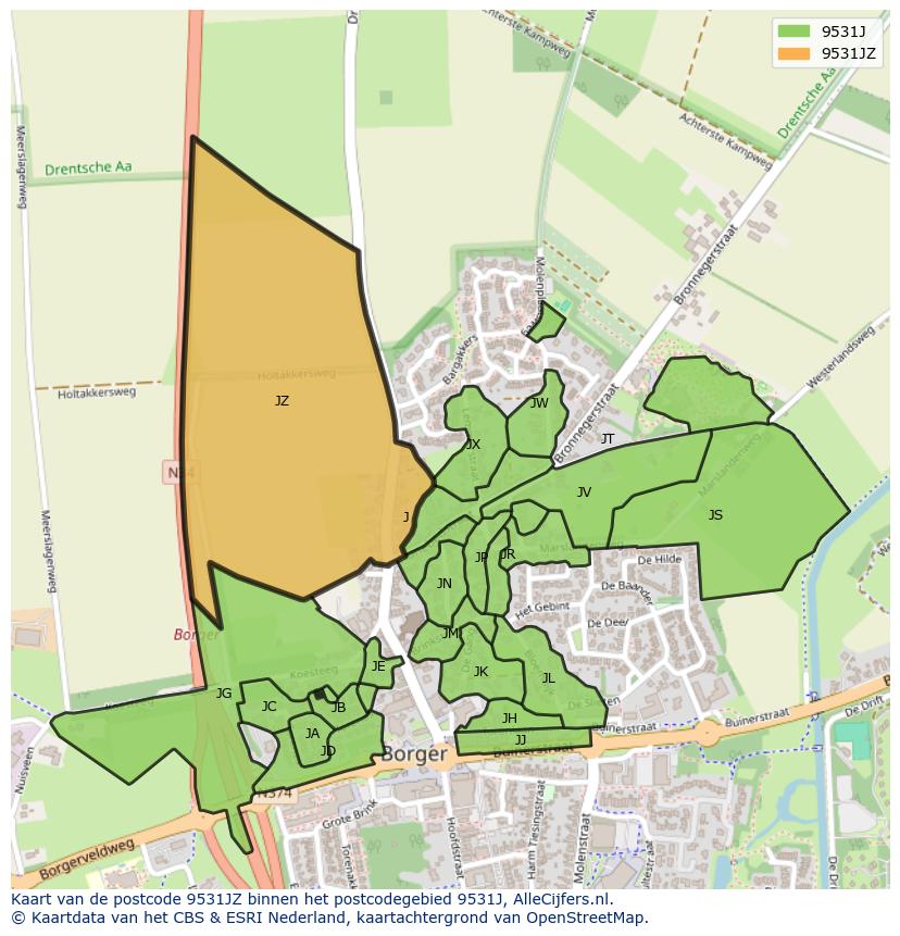 Afbeelding van het postcodegebied 9531 JZ op de kaart.