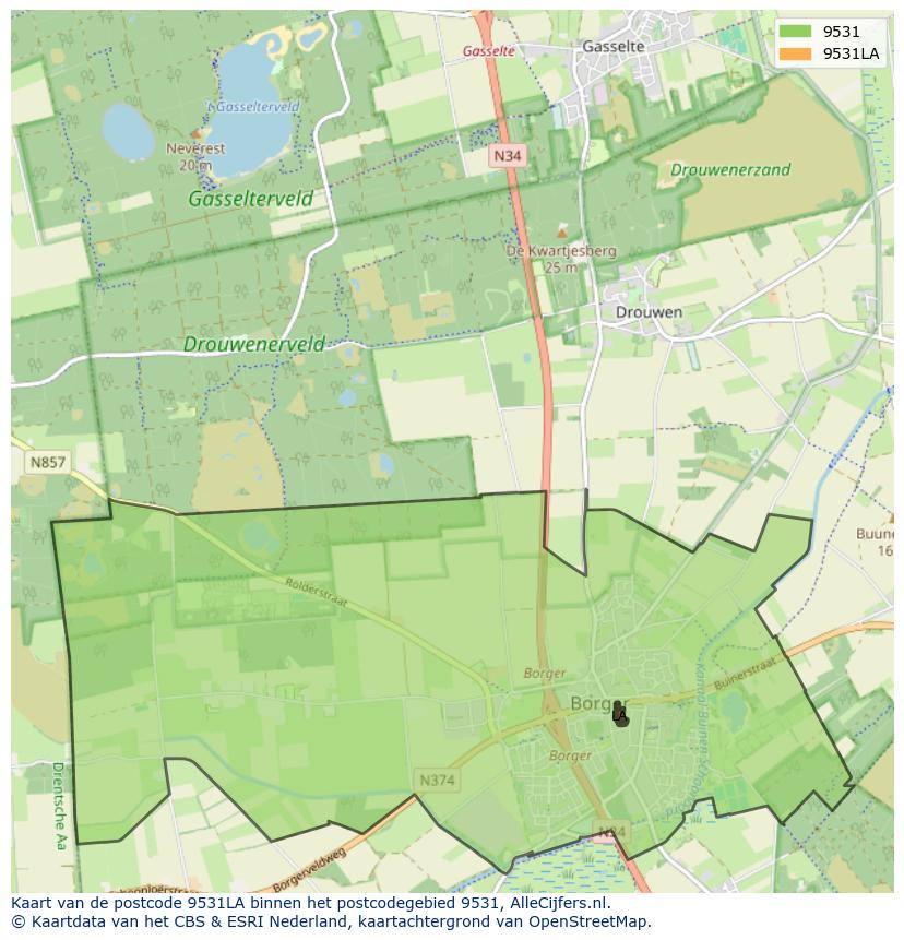 Afbeelding van het postcodegebied 9531 LA op de kaart.