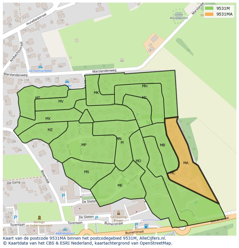Afbeelding van het postcodegebied 9531 MA op de kaart.