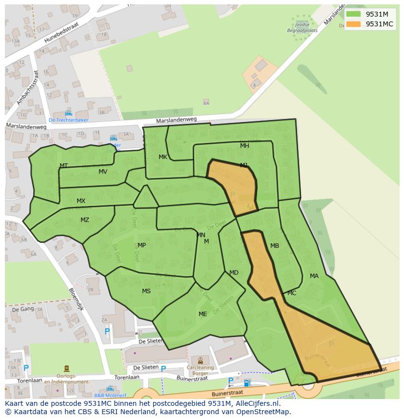 Afbeelding van het postcodegebied 9531 MC op de kaart.