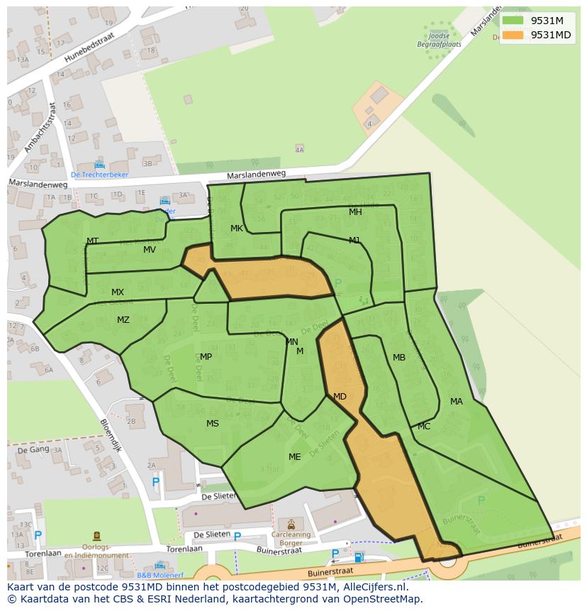Afbeelding van het postcodegebied 9531 MD op de kaart.