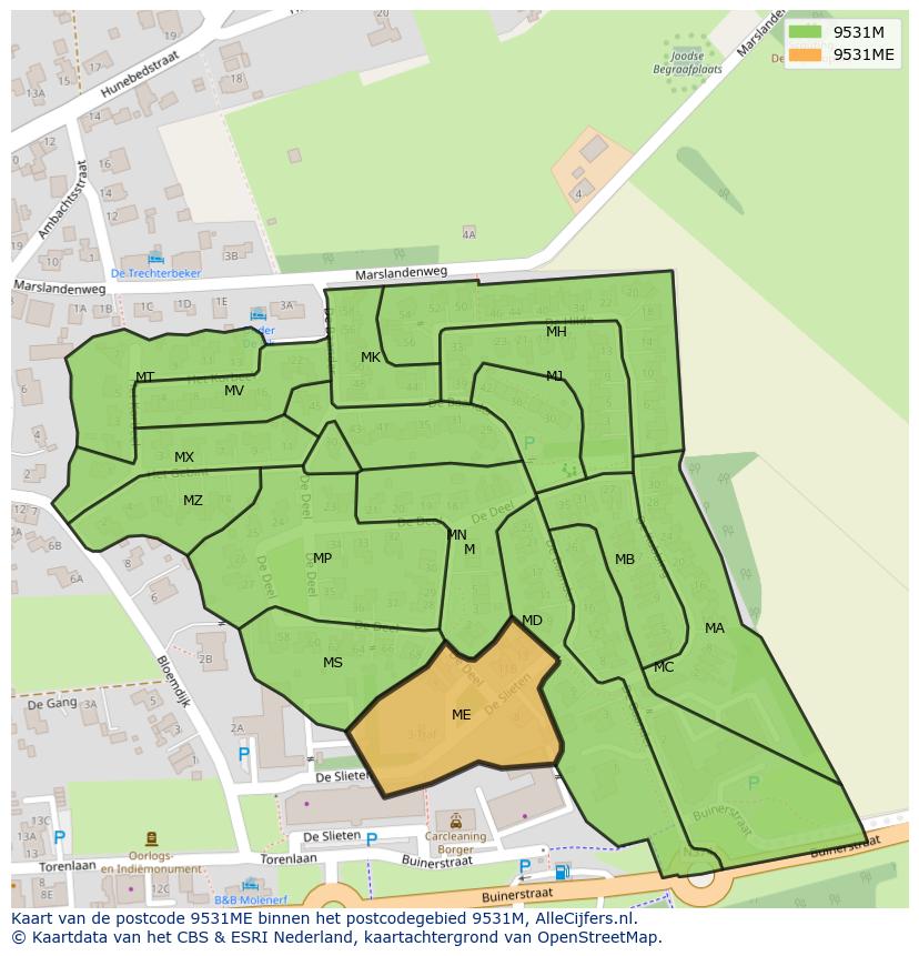 Afbeelding van het postcodegebied 9531 ME op de kaart.