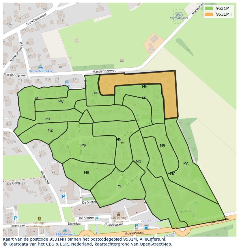 Afbeelding van het postcodegebied 9531 MH op de kaart.