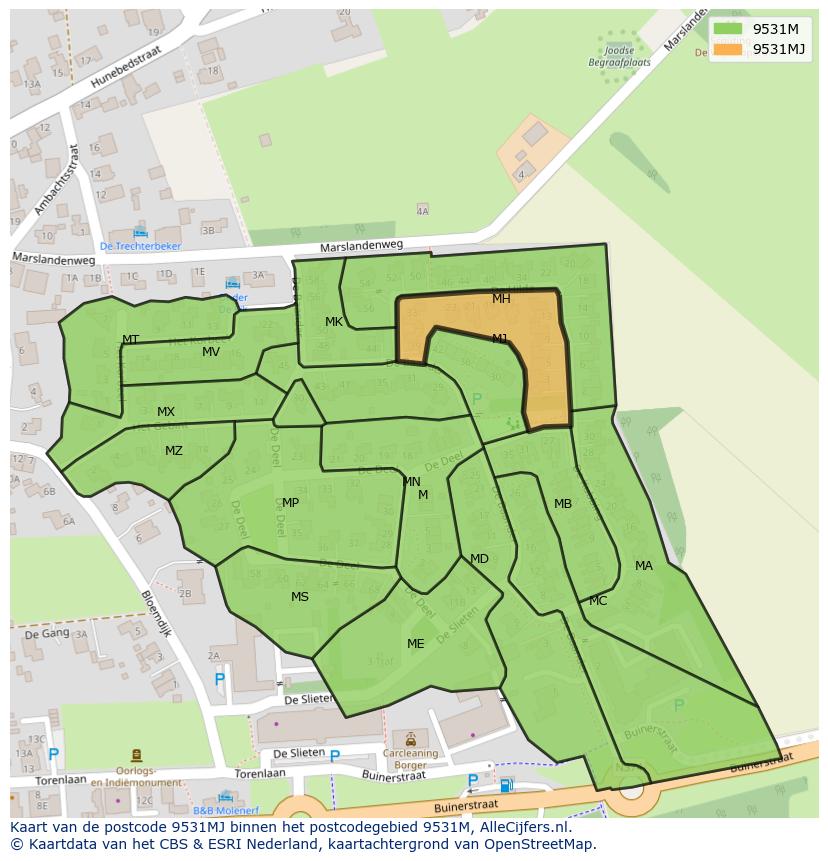 Afbeelding van het postcodegebied 9531 MJ op de kaart.