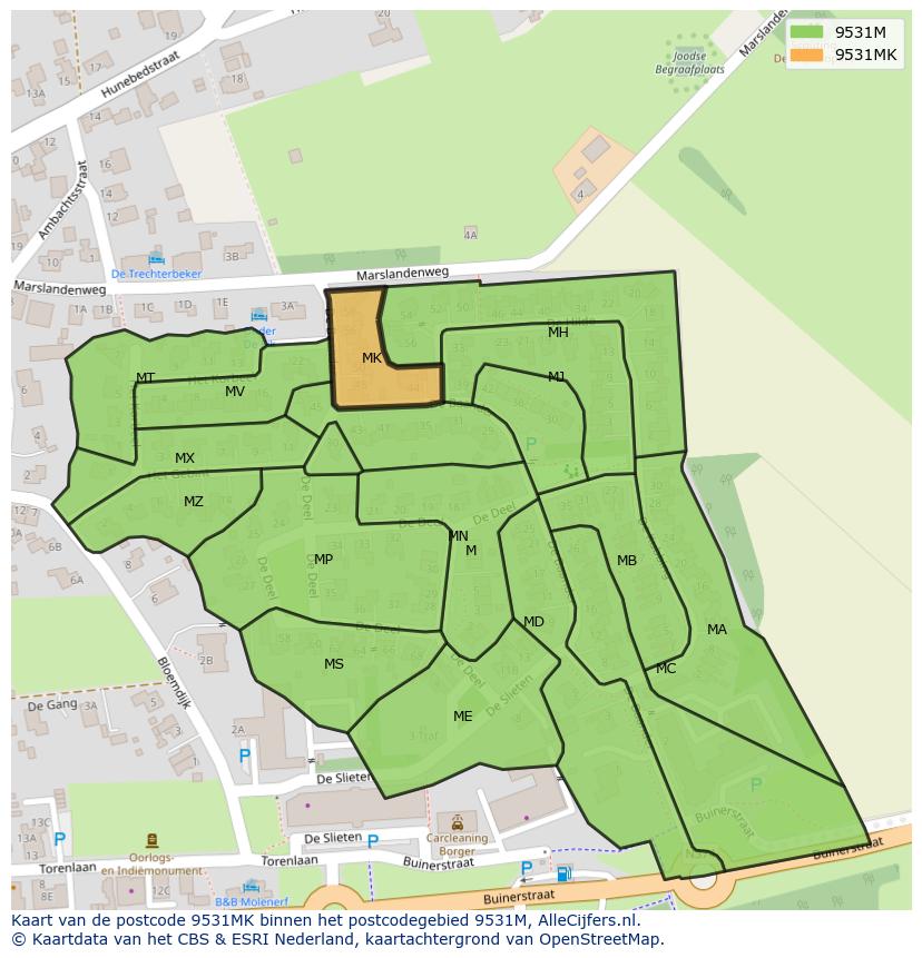 Afbeelding van het postcodegebied 9531 MK op de kaart.