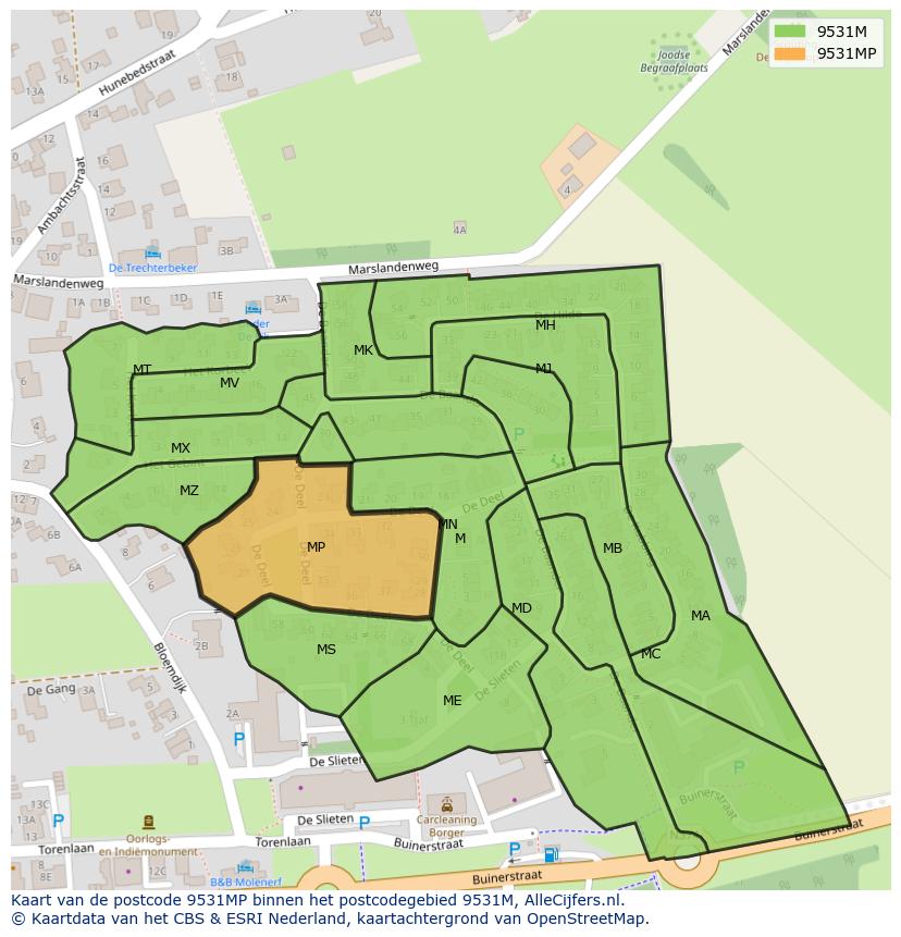 Afbeelding van het postcodegebied 9531 MP op de kaart.
