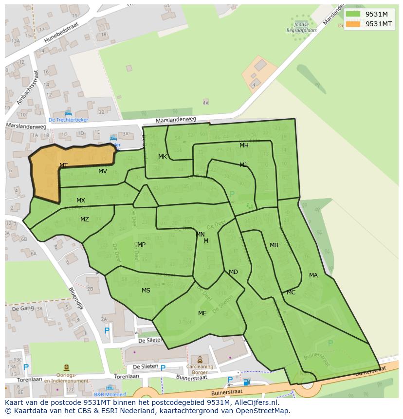 Afbeelding van het postcodegebied 9531 MT op de kaart.