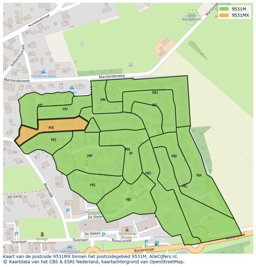 Afbeelding van het postcodegebied 9531 MX op de kaart.